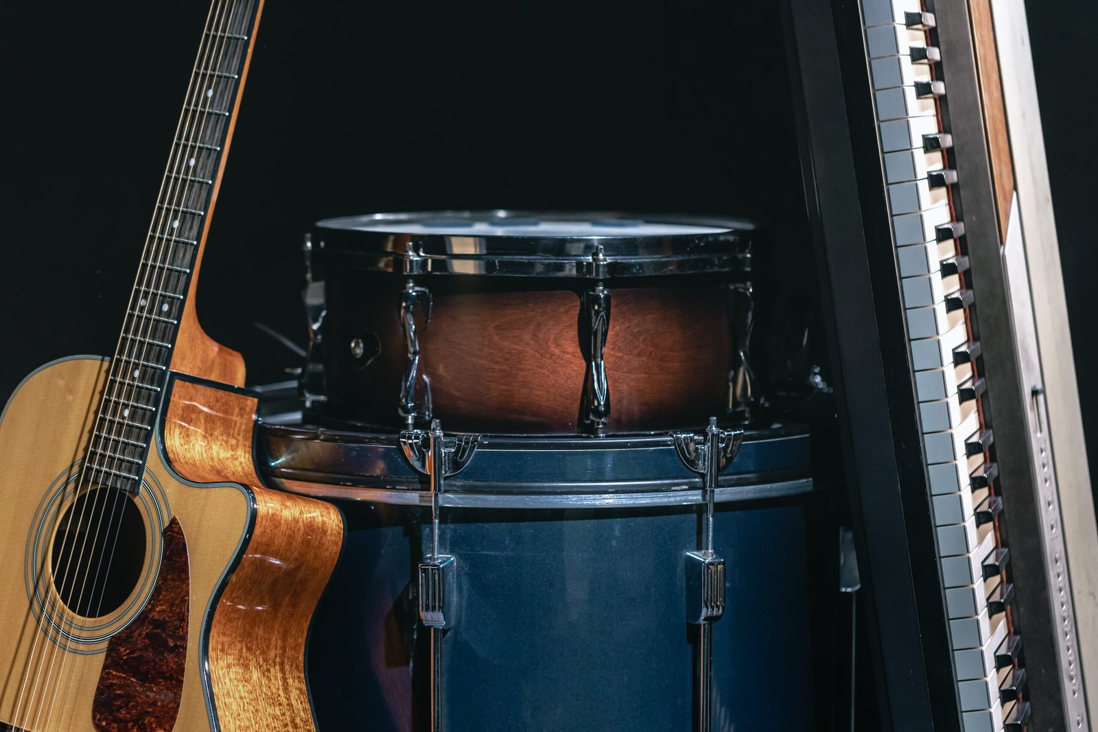 Music instruments, drums guitar, and piano decoration for sight absolute music school